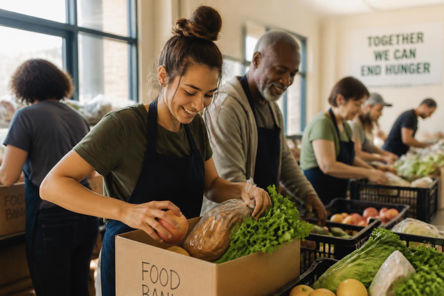 Volunteers packing boxes of fresh produce and bread at a community food bank